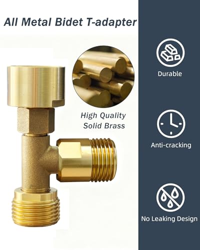 Universal Bidet T Adapter for Any Brand Bidet Hose, All-in-One Solution fit Toilet Tank Inlet or Angle Valve Outlet, 3/8"-7/8"-1/2", Brass Made