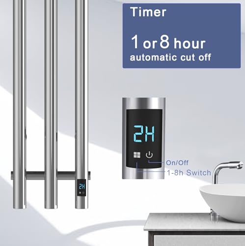 Electric Heated Towel Rack with Timer, Wall-Mounted Towel Warmer, 3 Vertical Bars, Plug-in or Hardwired, 38 Inch Height, Round Design (Silver) - color: Polish