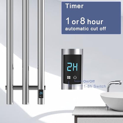 Electric Heated Towel Rack with Timer, Wall-Mounted Towel Warmer, 3 Vertical Bars, Plug-in or Hardwired, 38 Inch Height, Round Design (Silver) - color: Polish