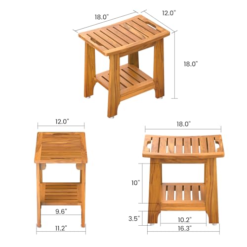 NNN 18" Standard Teak Shower Bench with Japan-Made Non-Slip Leveling Feet | US Patented Design, Marine-Grade Hardware, Pre-Oiled European Teak Oil, Ready, 300lb, for Standard Tubs Showers & Outdoor Use - size: 18"W x 12" Dx 18"H