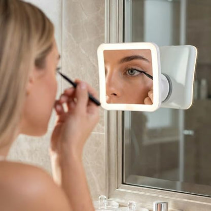 Fancii 10X Magnifying Lighted Makeup Mirror - Daylight LED Vanity Mirror - Compact, Cordless, Locking Suction, 6.5" Wide, 360 Rotation, Portable Illuminated Bathroom Mirror (Square)