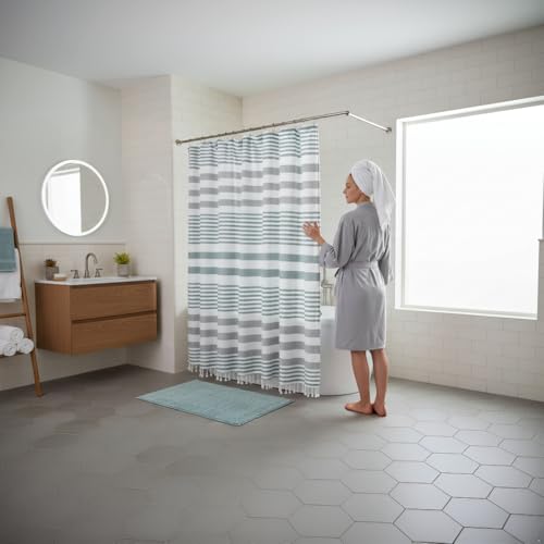 Teal Green and White Striped Cotton Fabric Shower Curtain with Fringe for Bathtub or Shower, Machine Washable Bath Curtain, 72 x 72 Inch, Margot Green - color: Margot Green Teal