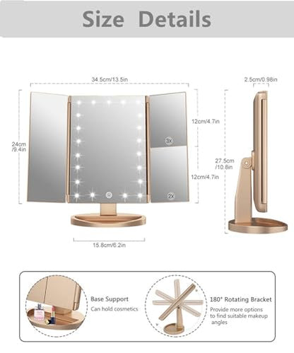 Flymiro Tri-fold Lighted Vanity Makeup Mirror with 3x/2x/1x Magnification, 21Leds Light and Touch Screen,180 Degree Free Rotation Countertop Cosmetic Mirror,Travel Makeup Mirror (Gold) - color: Gold