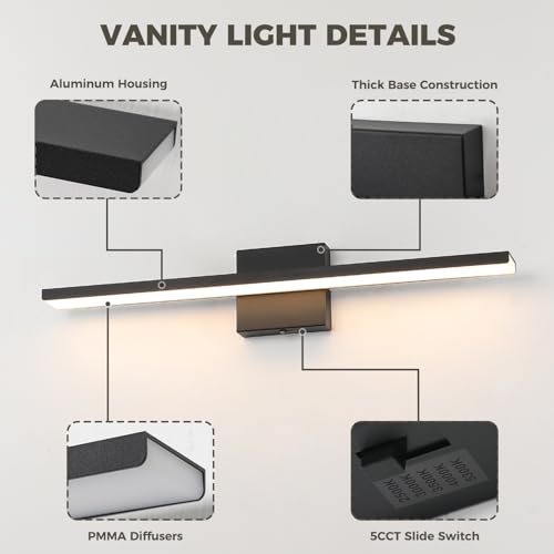 JUSHENG Black Vanity Lights for Bathroom 5CCT Dimmable Bathroom Vanity Light Fixtures LED Vanity Light Bar 24'' Inch 24W ETL Certificated - color: Black-5CCT, size: 24'' Long-Dimmable