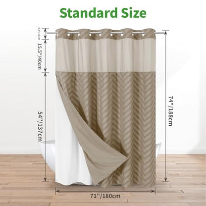 eachope No Hook Boho Farmhouse Shower Curtain with Snap-in Fabric Liner set-71Wx74H(72H),Beige Tufted Chevron Striped Hotel Grade Cloth Shower Curtains for Bathroom with Window,Water Repellent - color: Beige, size: 71"W x 74"L (Pack of 1)