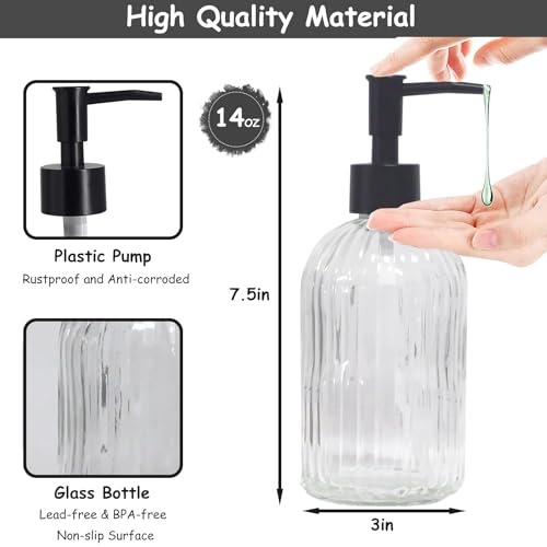 YYTSGG Clear Glass Soap Dispenser with Pump, 2 Pack 13.5oz, Vertical Stripe | Bathroom Soap Dispenser for Hand Wash and Dish Wash, Elegant Refillable Hand Dispenser for Dishwashing Liquid, Lotion - color: Clear