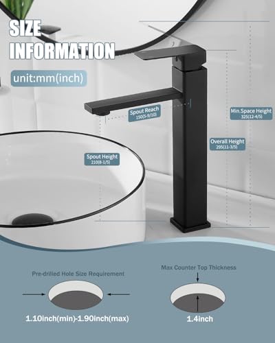 Bathroom Faucets, Matte Black Bathroom Faucet with Pop-up Drain and 2 Supply Hoses, Single Hole High Barrel Vanity Faucet for Vessel Sink, Single Handle Stainless Steel RV Faucet - color: 1.Matte Black, style: Tall