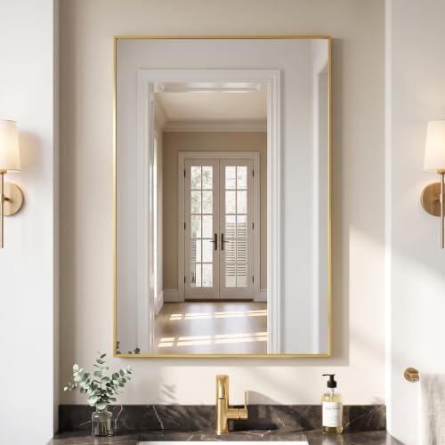 HARRITPURE 24"x36" Rectangle Bathroom Mirror, Gold Vanity Wall Mirror | Aluminum Alloy Frame Wall Mirror, Horizontal or Vertical Wall Mount for Entryway Bedroom Living Room - size: 36"L x 24"W