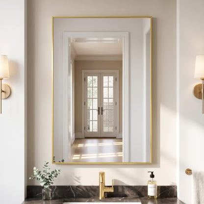 HARRITPURE 24"x36" Rectangle Bathroom Mirror, Gold Vanity Wall Mirror | Aluminum Alloy Frame Wall Mirror, Horizontal or Vertical Wall Mount for Entryway Bedroom Living Room - size: 36"L x 24"W