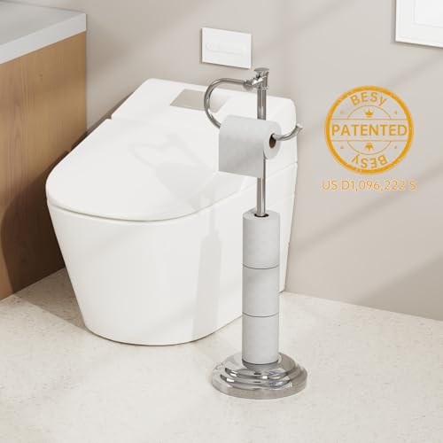 Toilet Paper Holder Floor Stand, Bathroom Freestanding Chrome | Toilet Tissue Roll Holder, Free Standing Rack with Storage, Weighted Base Accessories, SUS304 Stainless Steel Rustproof - color: Chrome