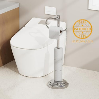 Toilet Paper Holder Floor Stand, Bathroom Freestanding Chrome | Toilet Tissue Roll Holder, Free Standing Rack with Storage, Weighted Base Accessories, SUS304 Stainless Steel Rustproof - color: Chrome