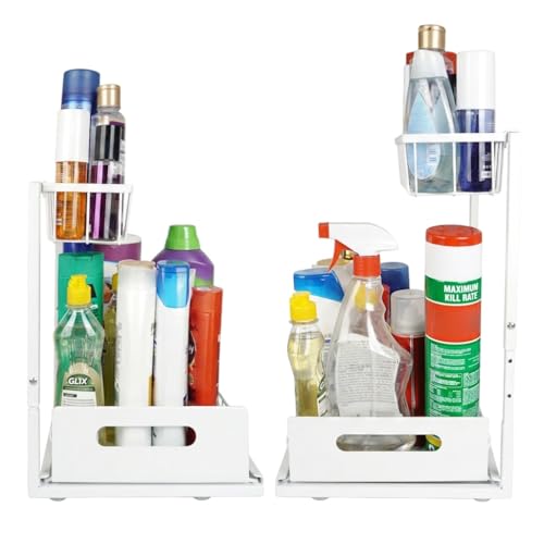 Height Adjustable 2-Tier Under Sink Organizer with 3 Hooks – Kitchen Sink Cabinet Storage Rack, Expandable Sink Caddy for Kitchen, Bathroom & Pantry (White) - color: White