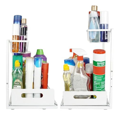 Height Adjustable 2-Tier Under Sink Organizer with 3 Hooks – Kitchen Sink Cabinet Storage Rack, Expandable Sink Caddy for Kitchen, Bathroom & Pantry (White) - color: White