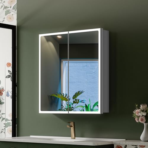 24"x26" LED Mirrored Medicine Cabinet, Recessed or Surface, 2-Door | Silver aluminum mirror cabinet with 3-color dimmable lights, shaver socket, dual USB ports, anti-fog, soft-close hinges - color: 24"w X 26"h Led