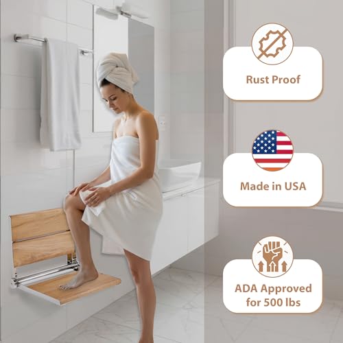 Teak Shower Seat - Contour Wood / Folding Wall Mount Bench for Inside Shower / ADA Safety Assist / 304 Stainless Steel / Polished Chrome / 18" x 16" - color: Polished Chrome, Teak, size: 18" x 16"