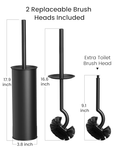 Cesun 304 Stainless Steel Toilet Brush and Holder Set, 2 Brush Heads, Black | S-Shaped Deep Cleaning, Scratch-Free Nylon Bristles, Long Handle & Splash Guard, Replaceable Brush Head - color: Black