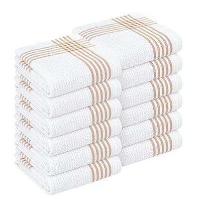 Brown and White Cotton Kitchen Towels 12 Pack, Waffle Weave, 16x26 Inch, Super Absorbent, Reversible, Quick Dry Dishcloths for Drying Dishes, Cleaning, Reusable, Everyday Use - color: Brown, White, style: 12 Pack