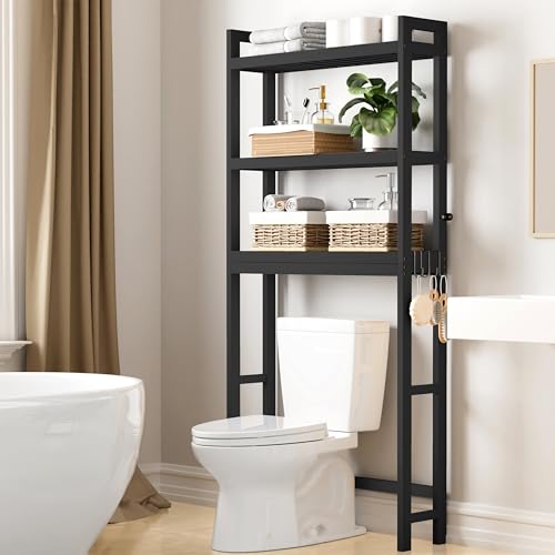Smiry Over The Toilet Storage Cabinet, 3-Tier Bamboo Bathroom Organizers with Adjustable Shelf & 4 Hooks, Space Saving Shelf Rack for Bathrooms, Laundry Room, Balcony, Black - color: Black, size: 3 Tiers (66.9"H)