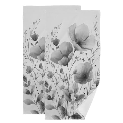 2 Pack Black Grey Poppy Floral Hand Towels for Bathroom,Absorbent Fingertip Guest Vintage White Gray Flower Decorative Bath Towels,Soft Leaves Plant Dish Towels for Kitchen Decor 14"x28" - color: Grey White