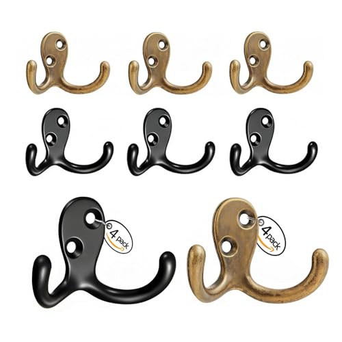 Coat Hooks, Heavy Duty Double Prong Coat Hooks Wall Mounted with Screws, No Rust Black Coat Hooks for Hanging Towel, Coat, Bag, Hat, Cup, Key (4pcs Black+ 4pcs Bronze) - color: 4pcs Black+ 4pcs Bronze