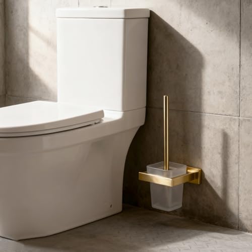 Brushed Gold Toilet Brush and Holder Set, NEWRAIN Wall Mounted Toilet Bowl Brush with Long Handle, Stainless Steel Toilet Brushes for Bathroom-Space Saving - color: Brushed Gold