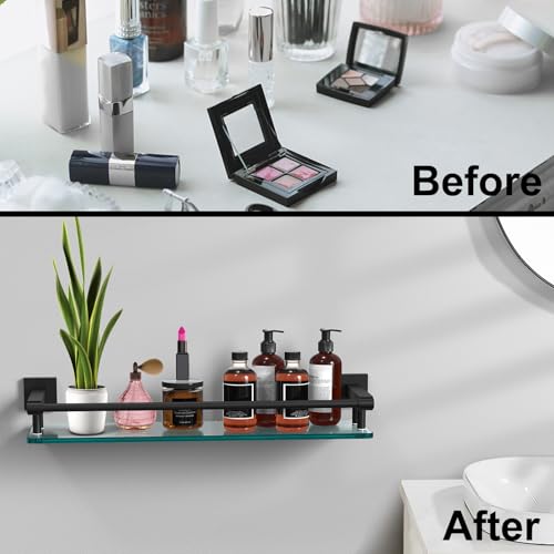 Bathroom Glass Shelf 20IN Rectangular Stainless Steel Tempered Glass Shelves Modern Stainless Steel Wall Mount Bathroom Shelf (Matte Black, 20‘’) - color: Matte Black, size: 20'' with Railing