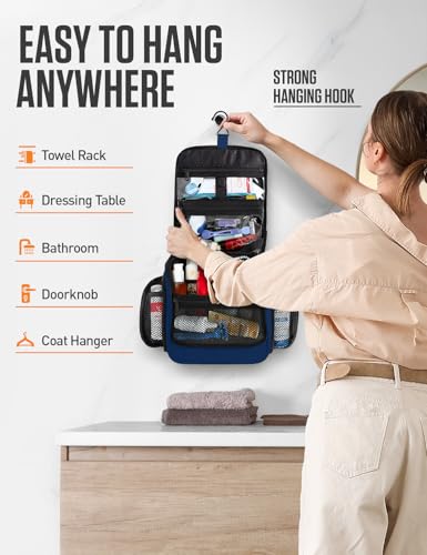 VENTURE 4TH Hanging Travel Toiletry Bag, 18 Compartments - Navy Blue | Hangs on rails, hooks or doors; stands upright. Removable TSA pouch. Water-resistant Nylon 290D Twill, reinforced stitching. - color: Navy