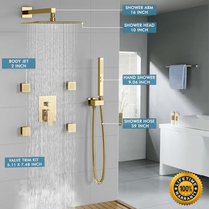 Shower System Brushed Gold Shower Faucets Sets, Bostingner 10" Rain Shower Head with 2 In 1 Handheld Spray and 4 Body Jets, Wall Mounted All Metal 3 Way Shower Set with Rough-in Valve and Trim Kit - color: Gold, size: 10 Inch