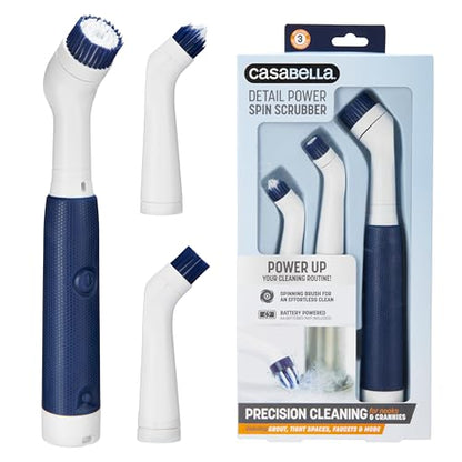 Casabella Handheld Spin Detail Scrubber, AA Battery Powered, 3 Brush Heads, White - style: Detail