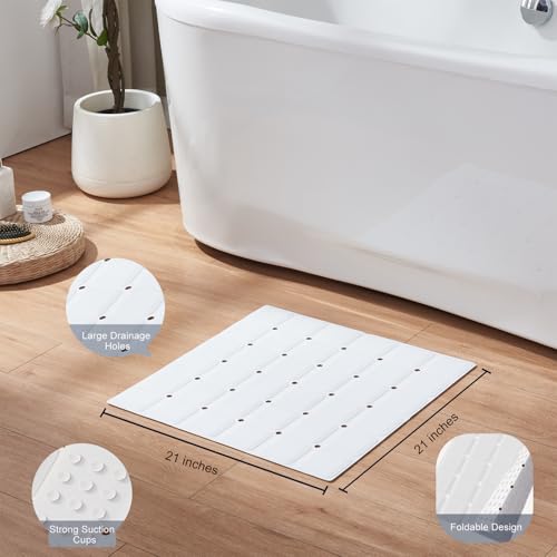Webos Anti Slip Shower Mat for Tub & Shower Stall, 21" x 21" Square Silicone Bathtub Mat with Powerful Suction Cups, Fast-Draining, Machine Washable Soft Foldable Bathroom Mat, White - color: White, size: 21" x 21" (Square)