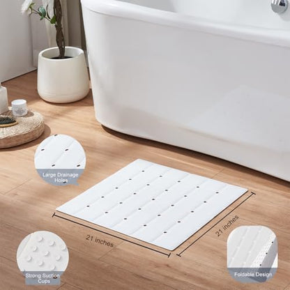 Webos Anti Slip Shower Mat for Tub & Shower Stall, 21" x 21" Square Silicone Bathtub Mat with Powerful Suction Cups, Fast-Draining, Machine Washable Soft Foldable Bathroom Mat, White - color: White, size: 21" x 21" (Square)