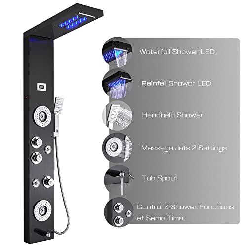 ELLO&ALLO Stainless Steel Shower Panel Tower LED Head Shower Faucet Rain Massage System with Body Jets, Black