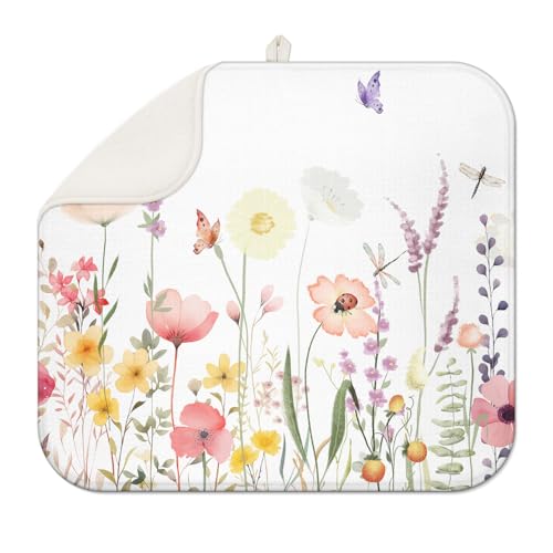 Spring Floral Dish Drying Mat for Counter, 18x24, Blue Absorbent XL Pad | Microfiber drying mat absorbs drips, non-slip backing protects surfaces, foldable design works for dishes, cups and utensils - color: Flower 07, size: 24" x 18"