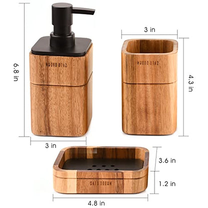 Bathroom Accessories Set 3 Piece Bath Ensemble Includes Soap Dispenser, Bathroom Tumbler, Soap Dish Accessories for Decorative Countertop and Housewarming Gift,Acacia Wood - style: Acacia Wood