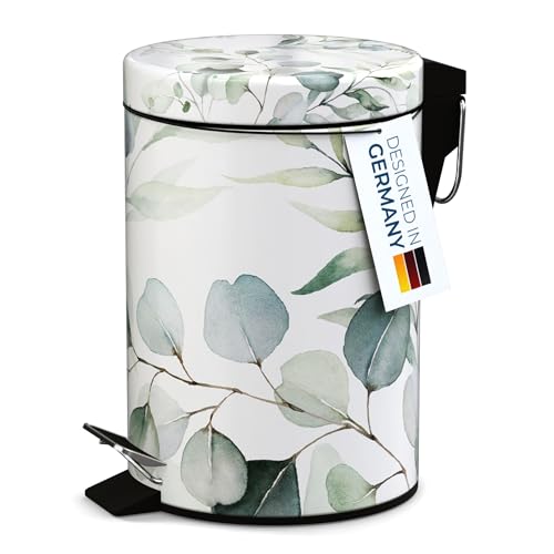 Sanilo Small Bathroom Trash Can with Lid [1.3 Gallon] - Lidded Tiny Trashcan for Garbage - Mini Metal Bin with Soft Closing Mechanism - Bath Room Accessoire Wastebin with Inner Bucket (Eucalyptus) - color: Eucalyptus