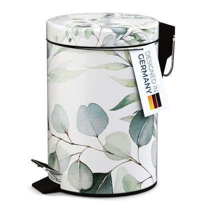 Sanilo Small Bathroom Trash Can with Lid [1.3 Gallon] - Lidded Tiny Trashcan for Garbage - Mini Metal Bin with Soft Closing Mechanism - Bath Room Accessoire Wastebin with Inner Bucket (Eucalyptus) - color: Eucalyptus