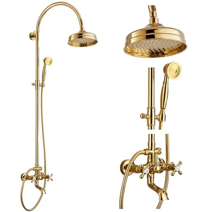 gotonovo Exposed Shower Faucet Set with Tub Spout Polished Gold | Brass Bathroom Shower System,8 Inch Rainfall Head with Handheld Spray and Tub Filler,Adjustable Height,6’’ Hole Distance - color: Bright Gold