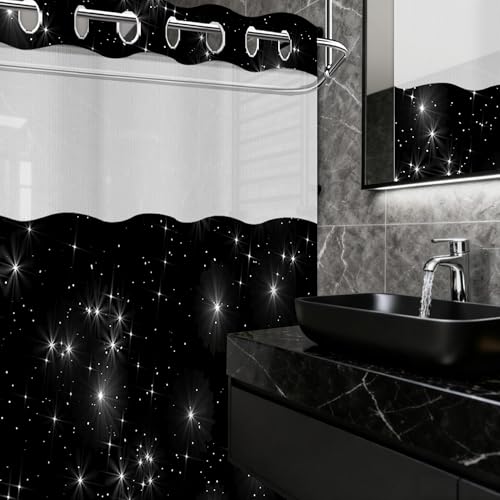 Star Space Hookless Shower Curtain with Snap in Liner, Black and White Watercolor Night Sky Galaxy No Hook Double Layer Shower Curtains and Liner Set, Waterproof Cloth Fabric, 71" W X 74" L - color: Black White, size: 71"W x 74"L (Pack of 1)