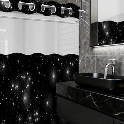 Star Space Hookless Shower Curtain with Snap in Liner, Black and White Watercolor Night Sky Galaxy No Hook Double Layer Shower Curtains and Liner Set, Waterproof Cloth Fabric, 71" W X 74" L - color: Black White, size: 71"W x 74"L (Pack of 1)