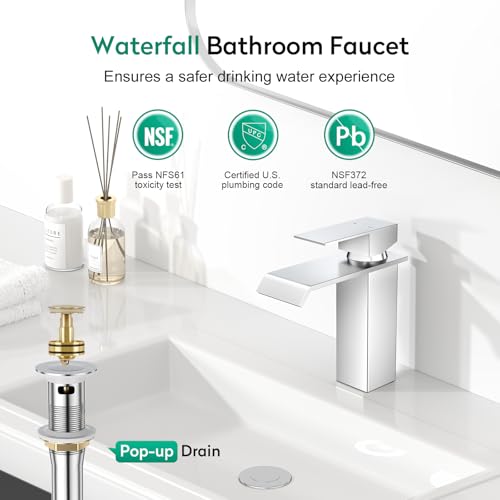 CREA Chrome Waterfall Bathroom Faucet 1 Hole,Chrome Bathroom Faucet Single Handle Bathroom Sink Faucet with Pop Up Drain Stopper/ 3 Hole Plate,Stainless Steel RV Vanity Faucet Basin Mixer Tap - color: Chrome, style: Wide Spout