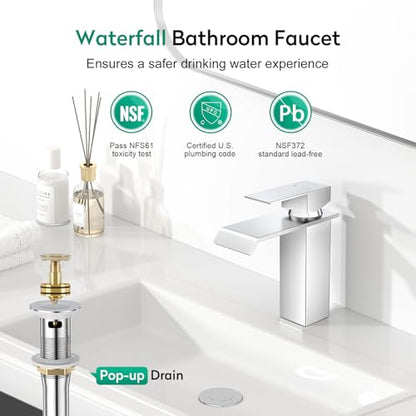 CREA Chrome Waterfall Bathroom Faucet 1 Hole,Chrome Bathroom Faucet Single Handle Bathroom Sink Faucet with Pop Up Drain Stopper/ 3 Hole Plate,Stainless Steel RV Vanity Faucet Basin Mixer Tap - color: Chrome, style: Wide Spout