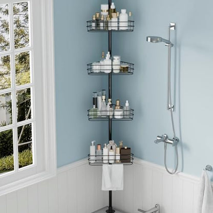 4-Tier Corner Shower Caddy Tension Pole, Adjust Bathroom Organizer Shelves | 76"-110" Adjustable Rustproof Bathroom Shelves, Shelves with Built-In Towel Bars, Space-Saving Design