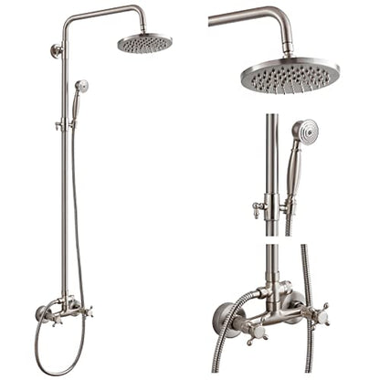 Heyalan Dual Shower System, 8 Inch Rain Head, Handheld,Brushed Nickel | Dual shower system with 8 inch rain head, handheld sprayer, exposed pipe design, two-handle control, and brass body. - color: Brushed Nickel