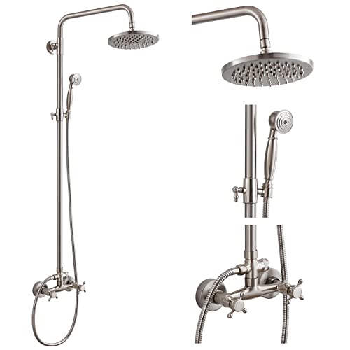 Heyalan Dual Shower System, 8 Inch Rain Head, Handheld,Brushed Nickel | Dual shower system with 8 inch rain head, handheld sprayer, exposed pipe design, two-handle control, and brass body. - color: Brushed Nickel