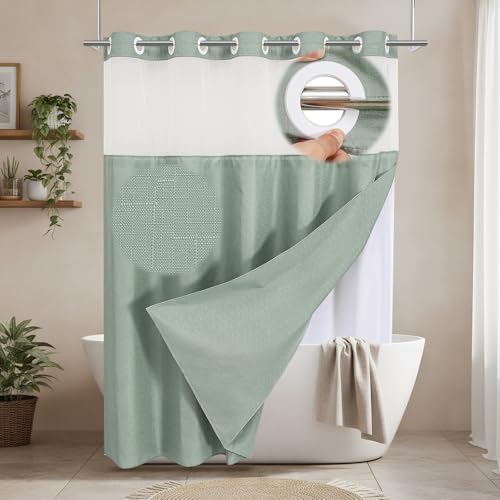 No Hooks Sage Boho Faux Linen Shower Curtain with Snap-in Liner Set, Textured Hotel Luxury Bathroom Curtain with See Through Top Window, Waterproof & Washable, 72x72 inches - color: Sage, size: 72"W x 72"L (Pack of 1), style: No Hooks