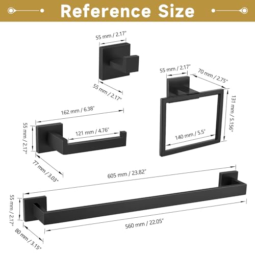 5 Pieces Bathroom Hardware Accessories Set Matte Black Towel Bar Set Towel Holder Racks Set for Bathroom,SUS304 Stainless Steel,Wall Mounted 23.6-Inch - color: Matte Black