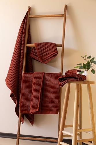 PÜSKÜL - Premium Waffle Towel Set 4 Pieces Brick Red - Organic 100% Turkish Cotton Quick-Dry Towels for Bathroom Made in Turkiye (Brick, Towel Set - 2 Hand & 2 Bath Towels) - color: Brick, size: Towel Set - 2 Hand & 2 Bath Towels