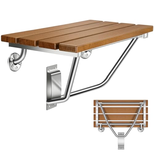 24" Wall Mounted Folding Shower Seat Stainless Steel Frame Space Saving | Teak Foldable Shower Chair for Elderly, Pregnant, Disabled, Kids (Max 500lb) - size: 24 inches Teak Shower Bench