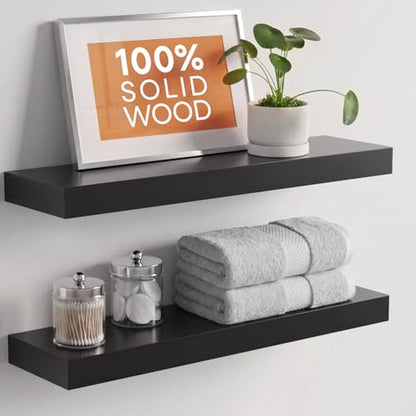 Black Floating Shelves 24 inch, High End Solid Real Wood 24inch Bathroom Floating Shelf for Wall Mounted, Black Wooden 24in Floating Shelves, Heavy Duty Bracket, 24 X 6.5 X 1.75 in, Set of 2 - color: Modern Black - Rich Neutral Satin, size: 24 inch