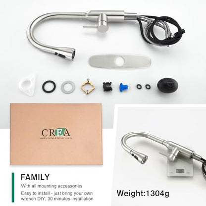 CREA Brushed Nickel Kitchen Faucets with Pull Down Sprayer, Faucets for Kitchen Sink, Small High Arc RV Stainless Steel Single Handle Pull Out Kitchen Sink Faucets, Brushed - color: Brushed, style: standard